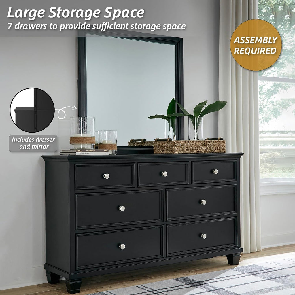 Signature Design by Ashley Lanolee Modern 7-Drawer Dresser and Mirror with Safety Stop, Classic Style, Sturdy Wood, Birch Veneer, Framed Drawer Fronts, Metal Drawer Knobs, Pewter-Tone Finish, Black