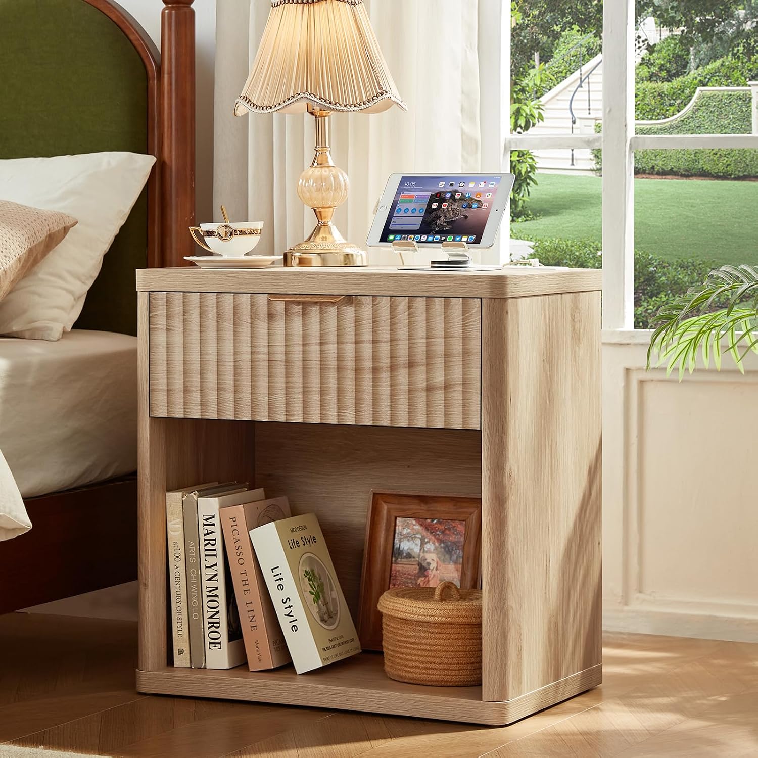LEYAOYAO Fluted Nightstand with Charging Station, 23' Wide 1 Drawers Night Stand,Natural End Table with Open Storage,Farmhouse Bed Side Tables, Wood Dresser for Bedroom, Living Room, Closet
