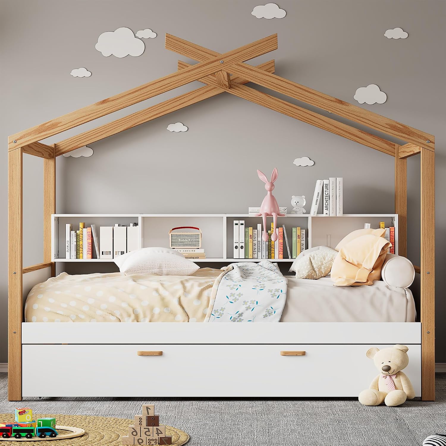Virubi Full Size Wood House Bed for Kids, Wood Frame Daybed with Twin Size Trundle and Open Bookshelf for Boys Girls Teens Children Bedroom Guest Room (White+Trundle, Full)