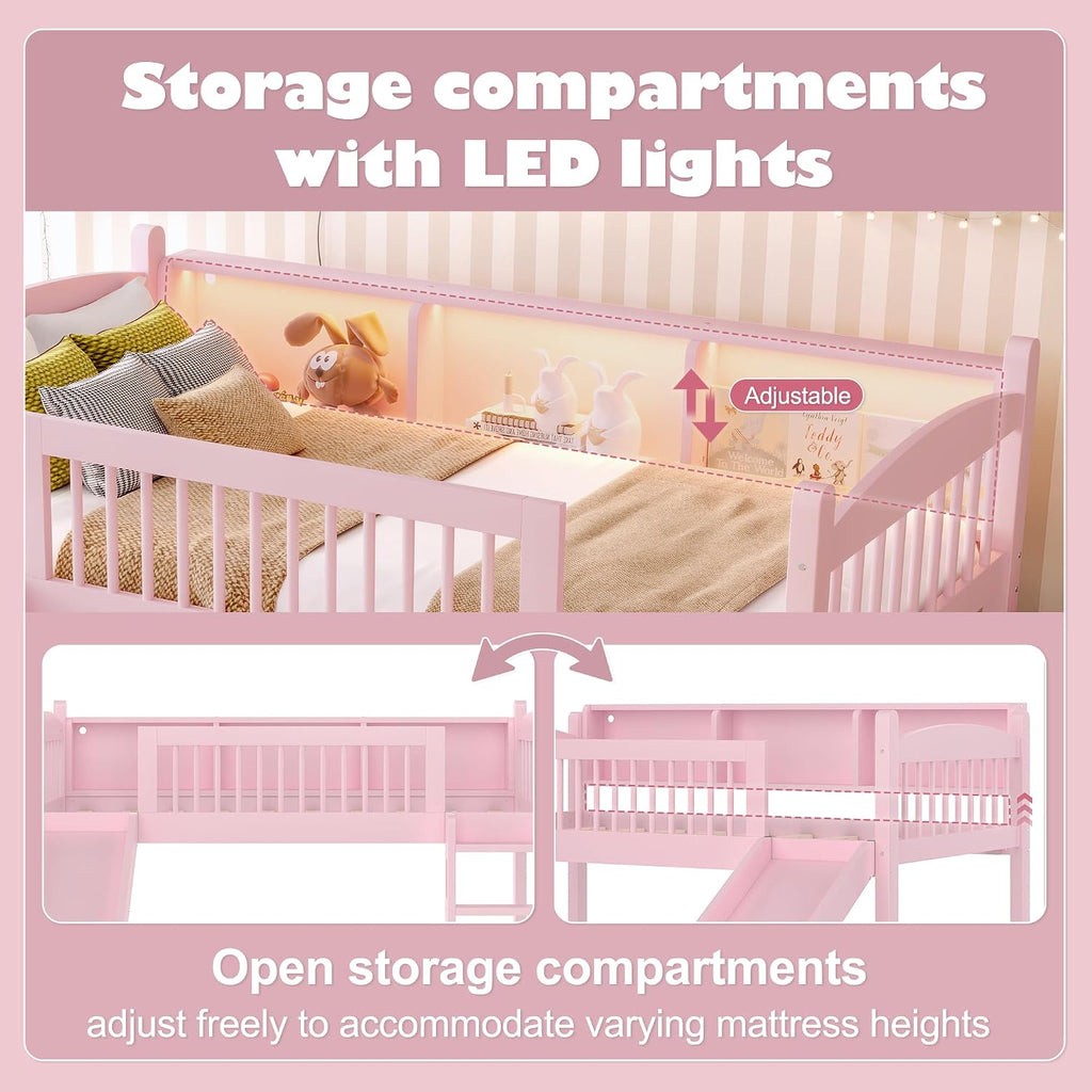 JIVOIT Twin Loft Bed with Storage Shelves, Solid Wood Lower Loft Bed with Full-Length Guardrails, Wood Slats Support, Space-Saving Design, No Box Spring Needed (Pink,Twin,51)