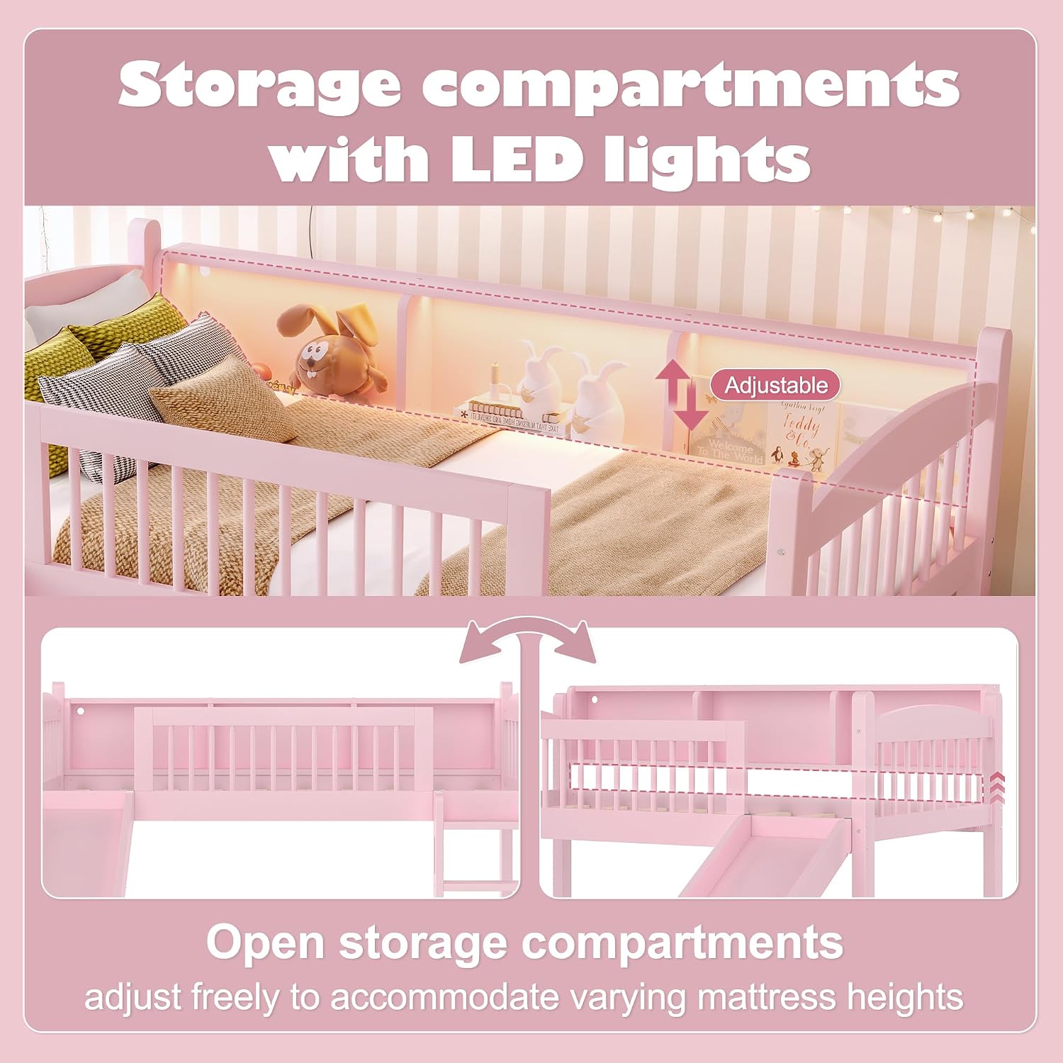 JIVOIT Twin Loft Bed with Storage Shelves, Solid Wood Lower Loft Bed with Full-Length Guardrails, Wood Slats Support, Space-Saving Design, No Box Spring Needed (Pink,Twin,51)