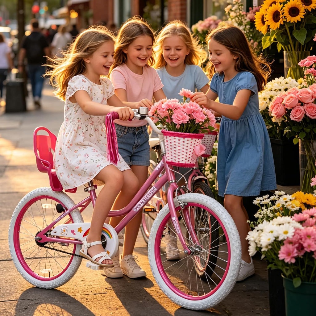 WinHope Girls Bike with Doll Seat, 12 14 16 18 20 Inch Kids Bike for 2-12 | Dual Brake with Training Wheels / Kickstand & Streamers Birthday Gift for Toddler Outdoor Riding, Multiple Colors