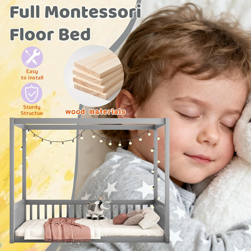 Full Size Canopy Bed Frame with 4 Posters and Guardrails for Kids, Wood Montessori Floor Bed Full Size with High Fence for Girls & Boys, Easy Assemble, Montessori Beds,Gray