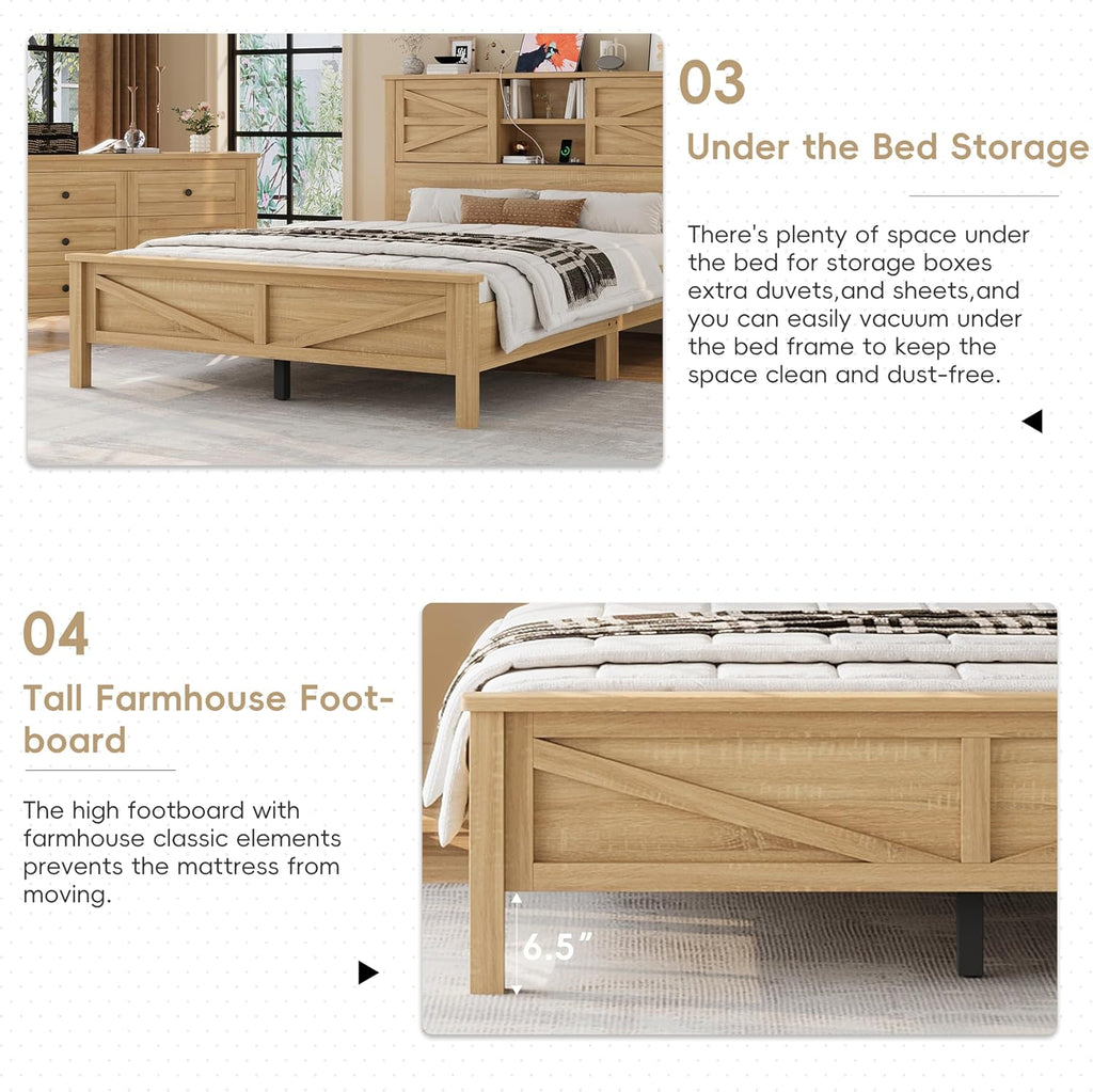 3-Pieces Full Size Bedroom Sets, Farmhouse Platform Bed with Double Sliding Door USB Storage Headboard, 3PCS Bedroom Sets with Cabinet and Nightstands, Kids Adults, Natural