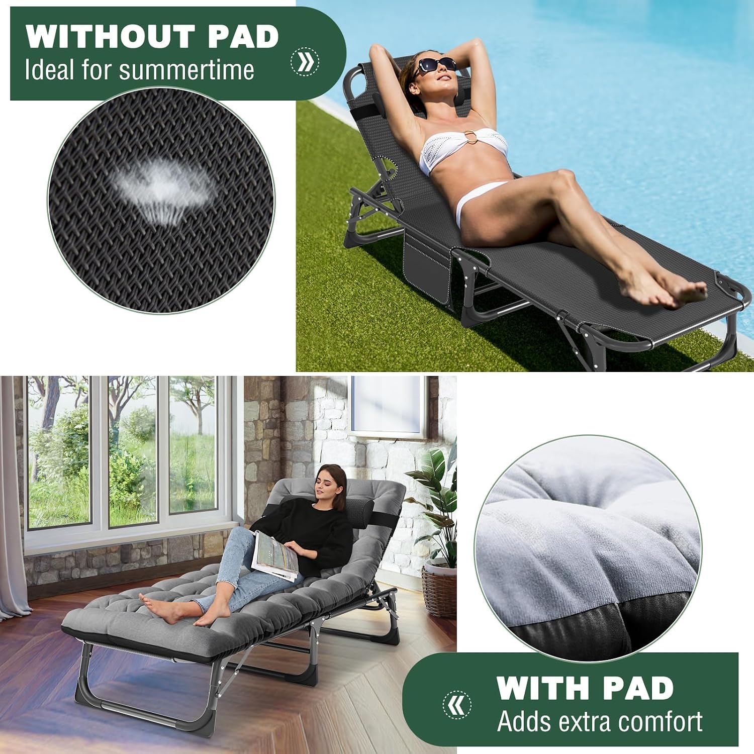 LILYPELLE Folding Outside Chaise Lounge Chair with Mattress, 5 Position Adjustable Patio Folding Lounge Chair Reclining Chairs Perfect for Sunbathing, Camping, Pool, Beach, Patio