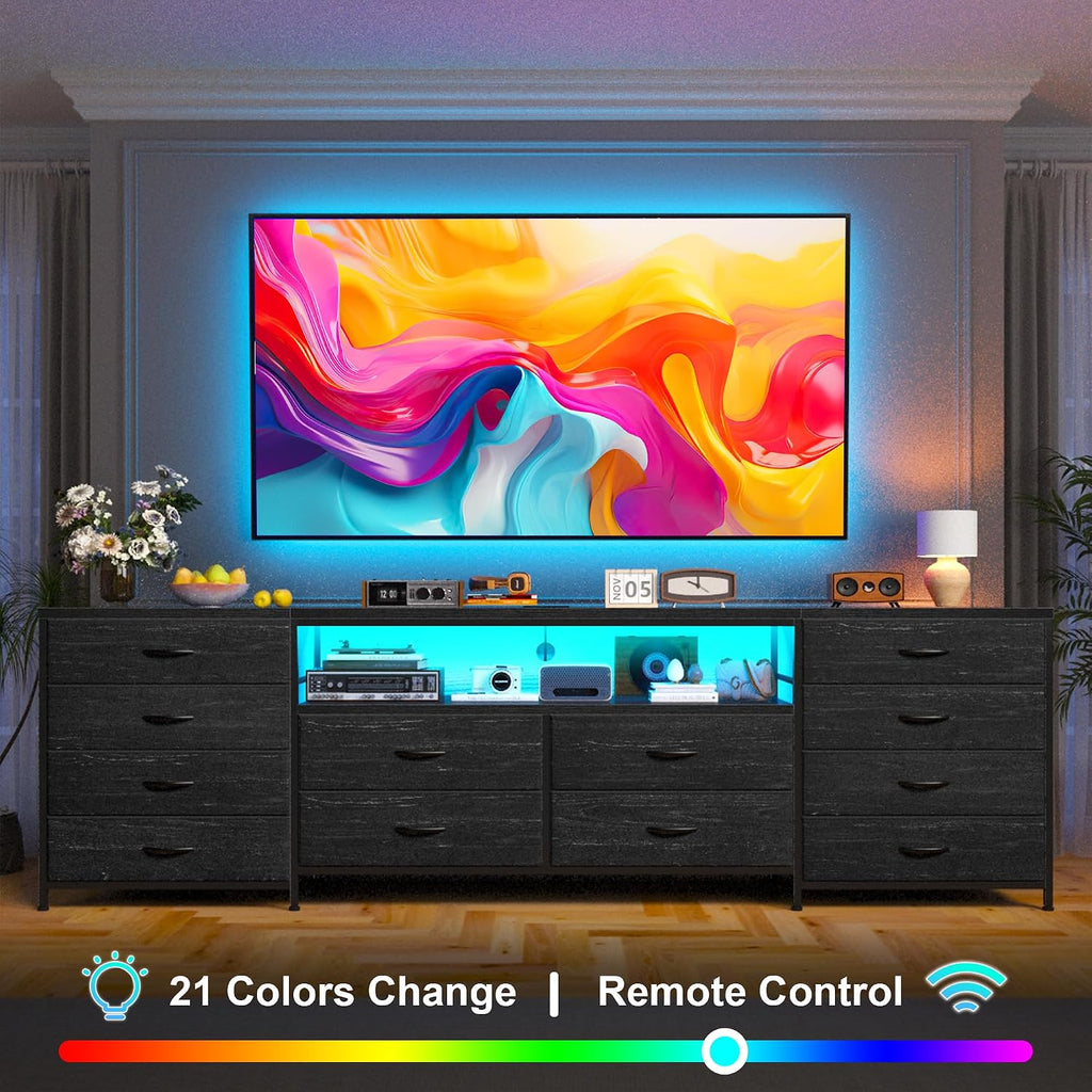 EnHomee Fits 65,70 inch TV Stand, 63' W Dresser TV Stand with LED Lights & Power Outlets, Entertainment Center with 12 Fabric Drawers Long Dresser for Bedroom, Living Room, Hallway, Black
