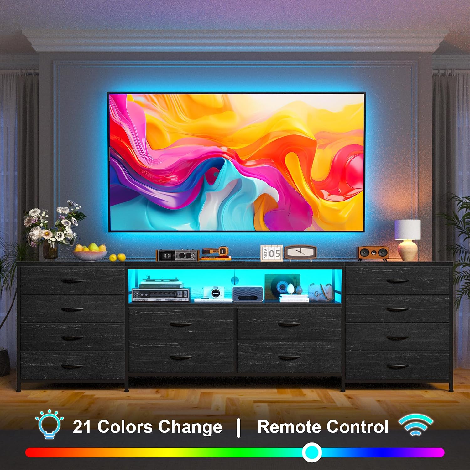 EnHomee Fits 65,70 inch TV Stand, 63' W Dresser TV Stand with LED Lights & Power Outlets, Entertainment Center with 12 Fabric Drawers Long Dresser for Bedroom, Living Room, Hallway, Black