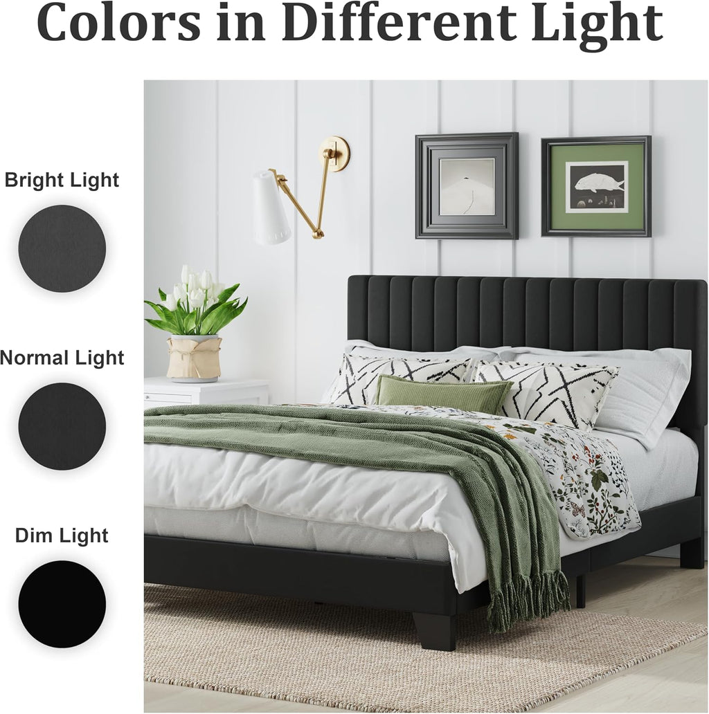 Full Size Bed Frame, Velvet Upholstered Platform Bed with Adjustable Tufted Headboard, Sturdy Frame and Slats, Noiseless, No Box Spring Required, Easy to Assemble, Black