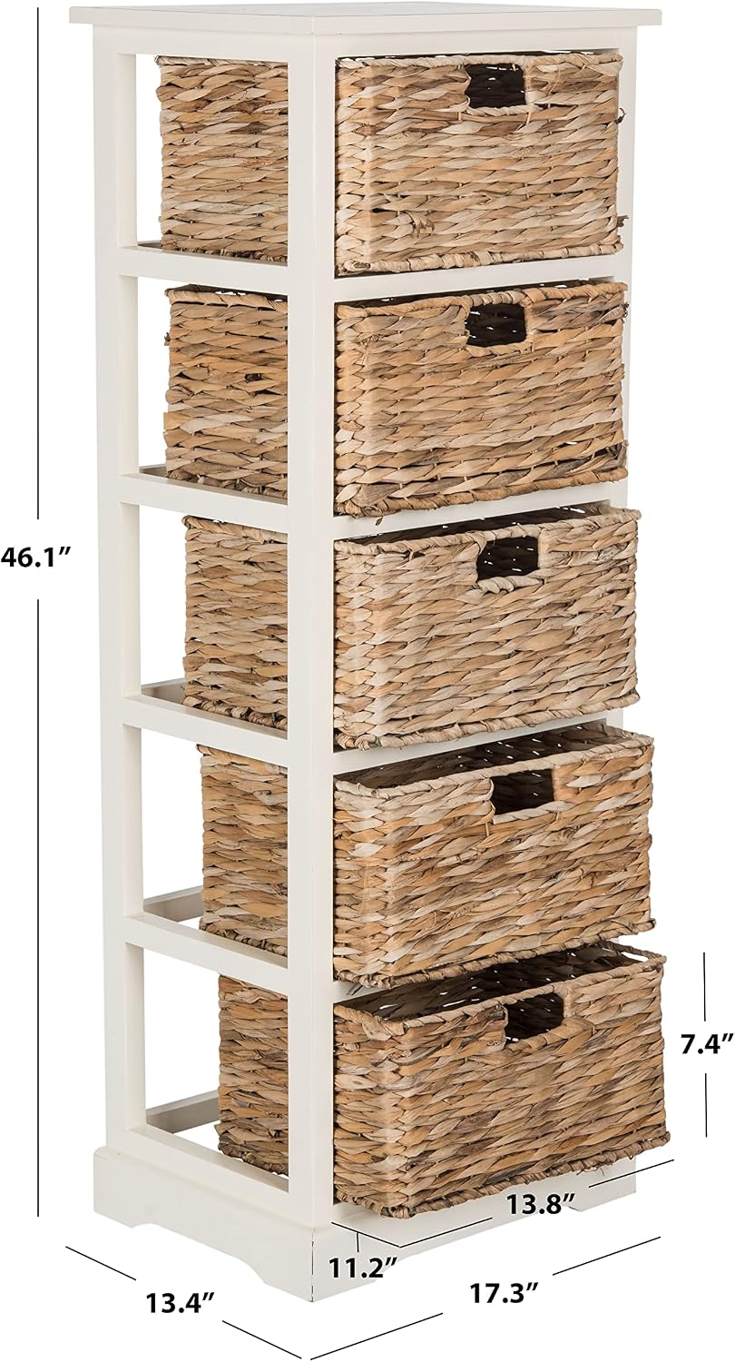 SAFAVIEH Furniture - Vedette 5-Basket Storage Tower - Vintage White - Solid Wood - Coastal Basket Tower Design - Ideal for Entryway, Living Room, 17.5'W x 13.5'D x 46'H - Fully Assembled (AMH5739B)