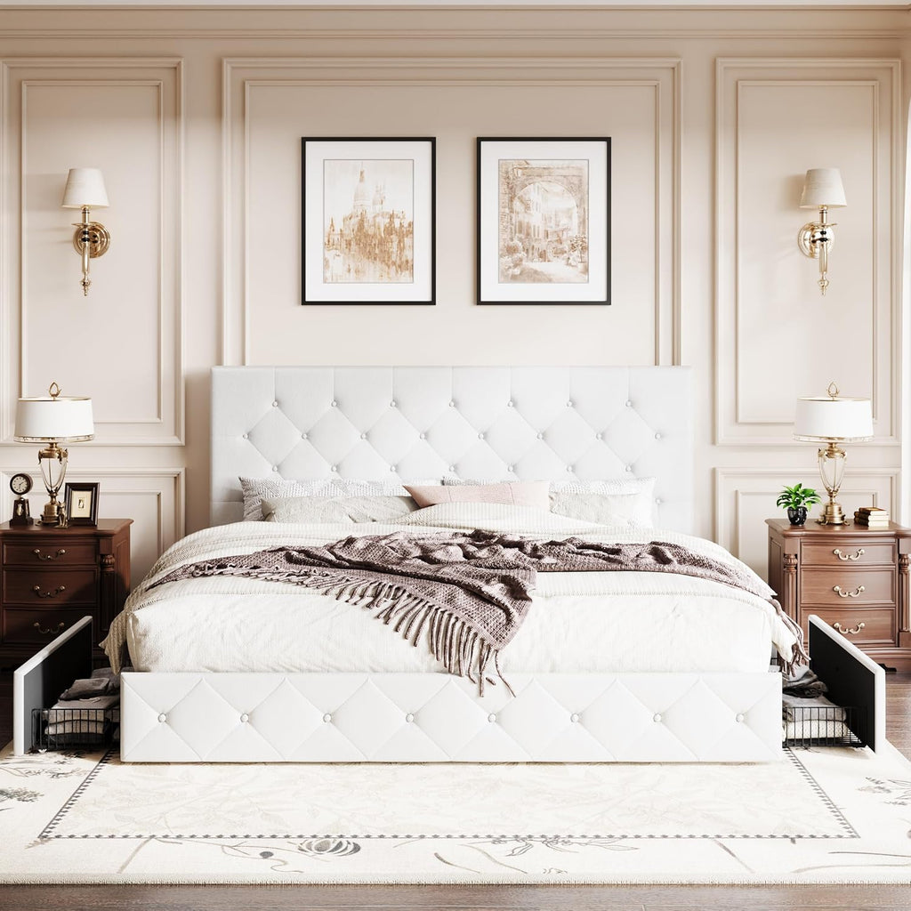 SHA CERLIN Upholstered King Platform Storage Bed Frame with 4 Drawers, Adjustable Headboard with Faux Leather Diamond Button Tufted Design, Wooden Slat Support, No Box Spring Needed, White