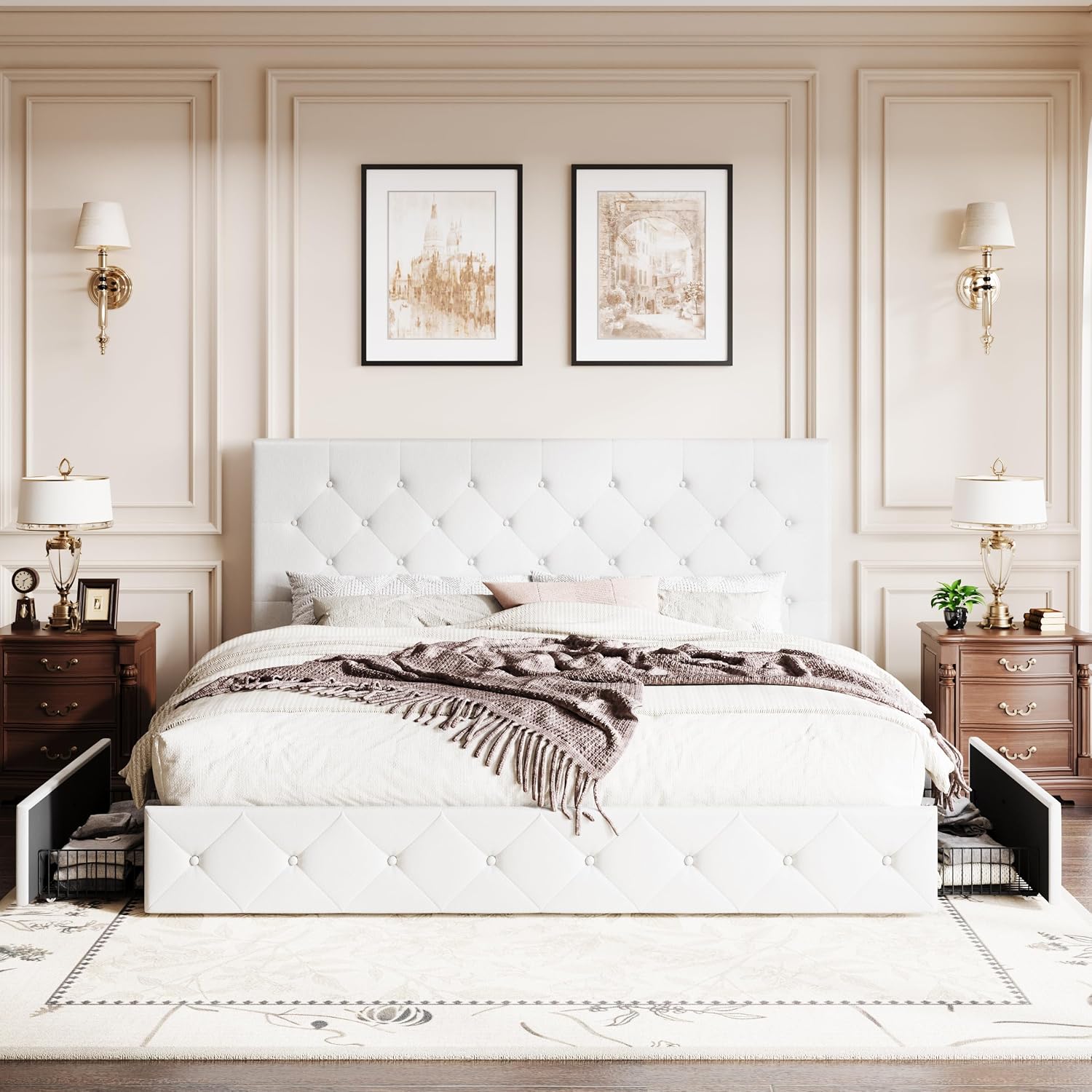 SHA CERLIN Upholstered King Platform Storage Bed Frame with 4 Drawers, Adjustable Headboard with Faux Leather Diamond Button Tufted Design, Wooden Slat Support, No Box Spring Needed, White