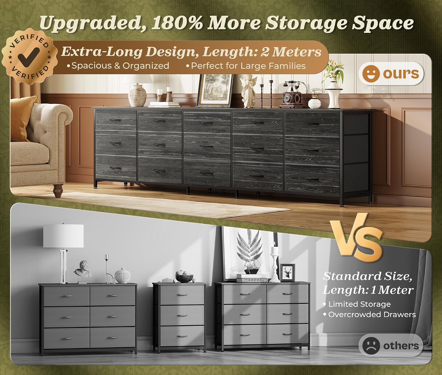 Huuger 78.7 inch Long Dresser for Bedroom, 15 Drawer Fabric Dresser for Closet, Large TV Stand for 65, 75, 85 inch TV, Wide Chest of Drawer with Storage, 78.7' W x 12.9' D x 26.7' H, Charcoal Black