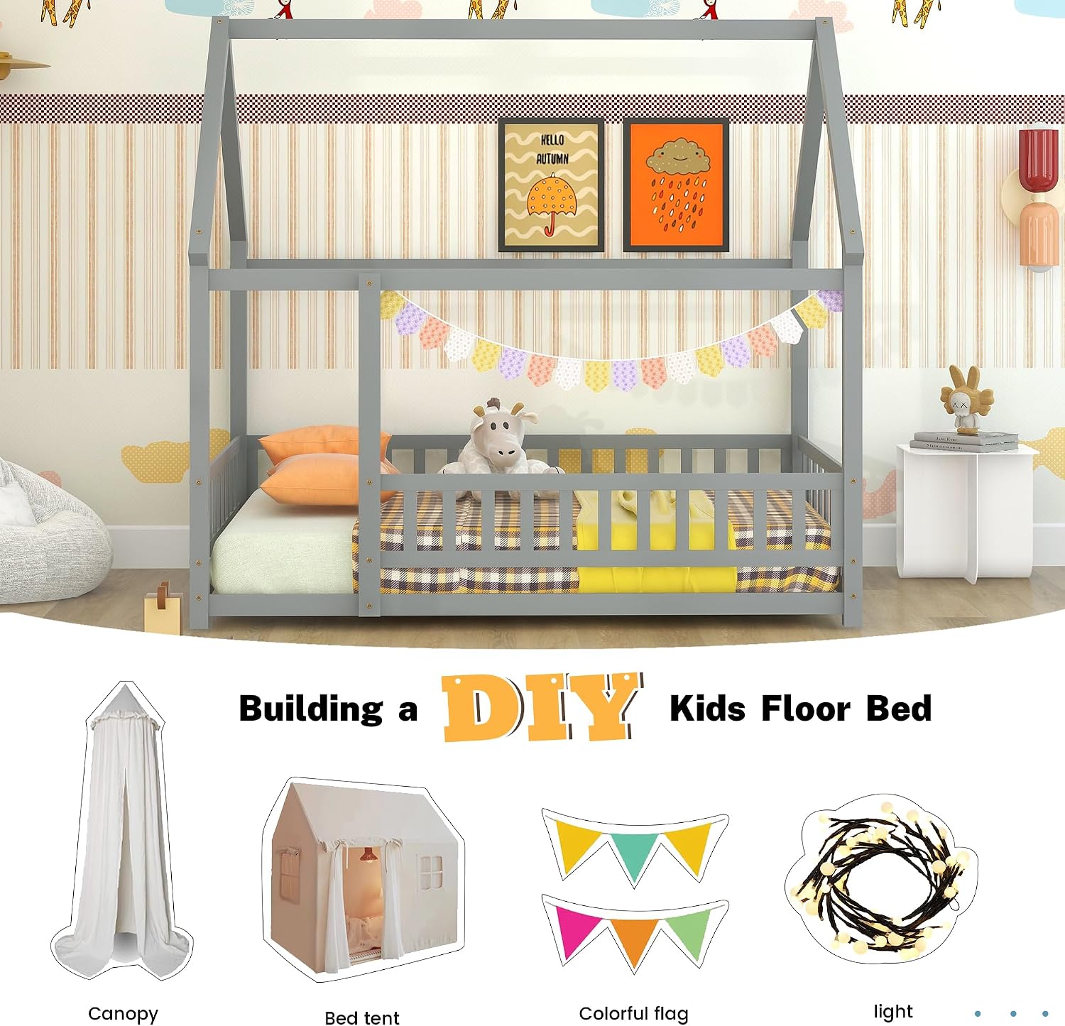 Bellemave Full Size House Floor Bed,Wooden Montessori Bed with Fence and Roof for Kids,Playhouse Full Bed Frame for Girls,Boys(Full,Gray)