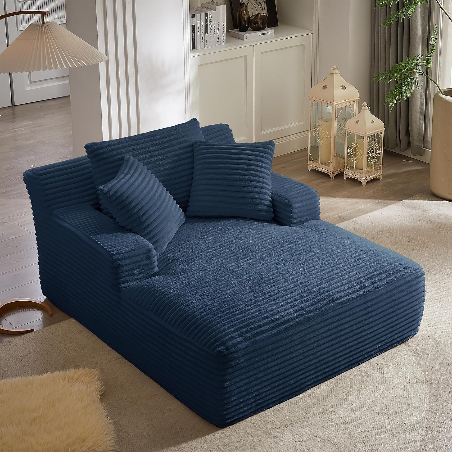 Oversized Chaise Lounge Chair Indoor, 66' Cloud Boneless Sleeper Couch Corduroy Upholstered Sofa Bed Deep Seat Comfy Reading Chair with 3 Pillows for Living Room Bedroom, Blue