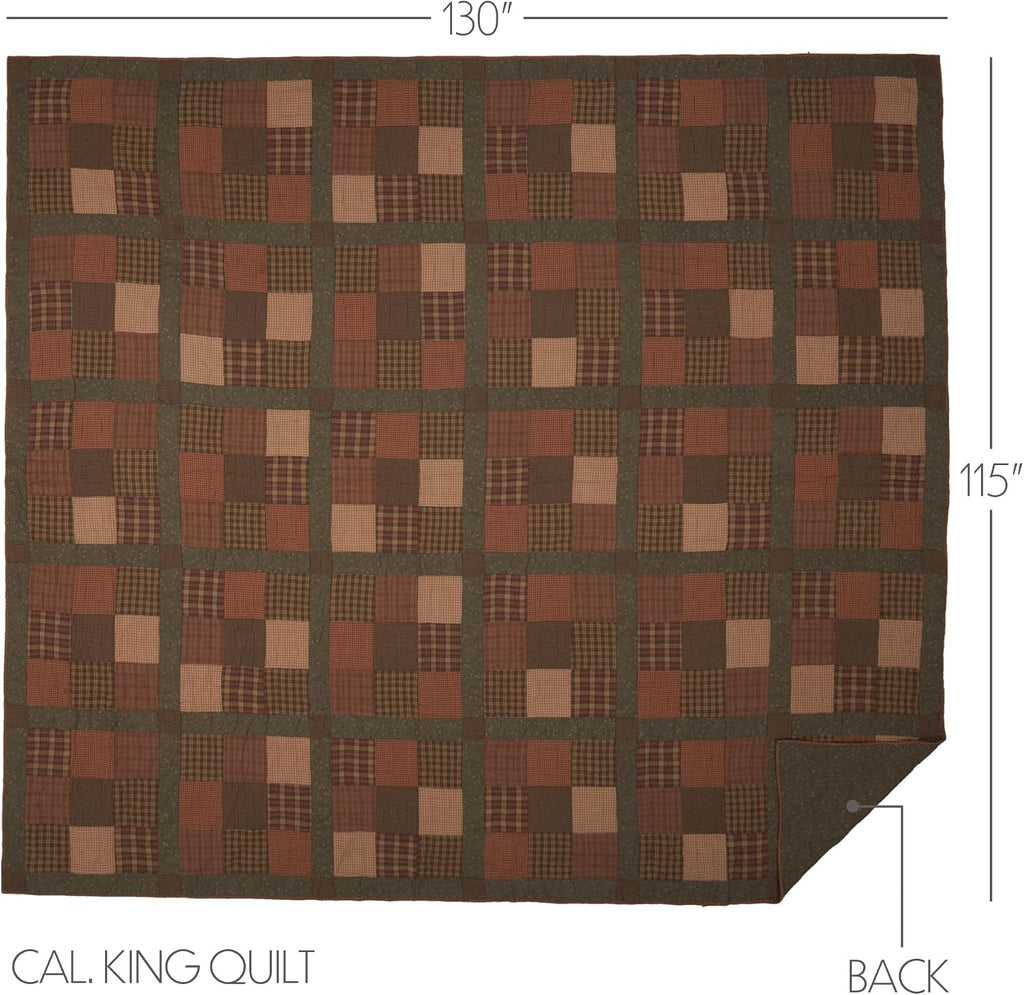 VHC Brands Crosswoods Patchwork Cotton Primitive Bedding Pre-Washed California King Quilt, Dark Olive Green