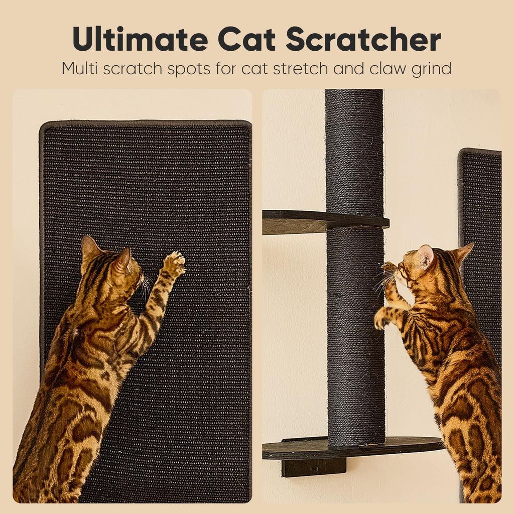 FUKUMARU Cat Wall Shelves, 4 in 1 Stable Wooden Wall-Mounted Furniture Set, Climbing Tree with Hammock, Bed, Perch and Scratching Mat (Black)