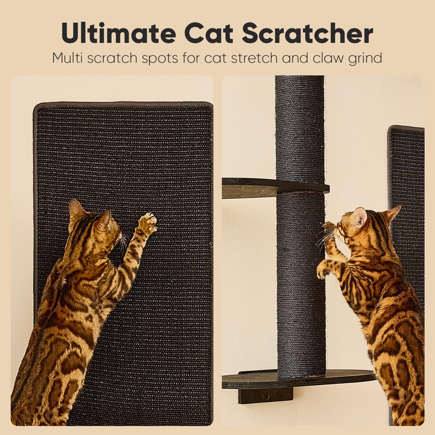 FUKUMARU Cat Wall Shelves, 4 in 1 Stable Wooden Wall-Mounted Furniture Set, Climbing Tree with Hammock, Bed, Perch and Scratching Mat (Black)