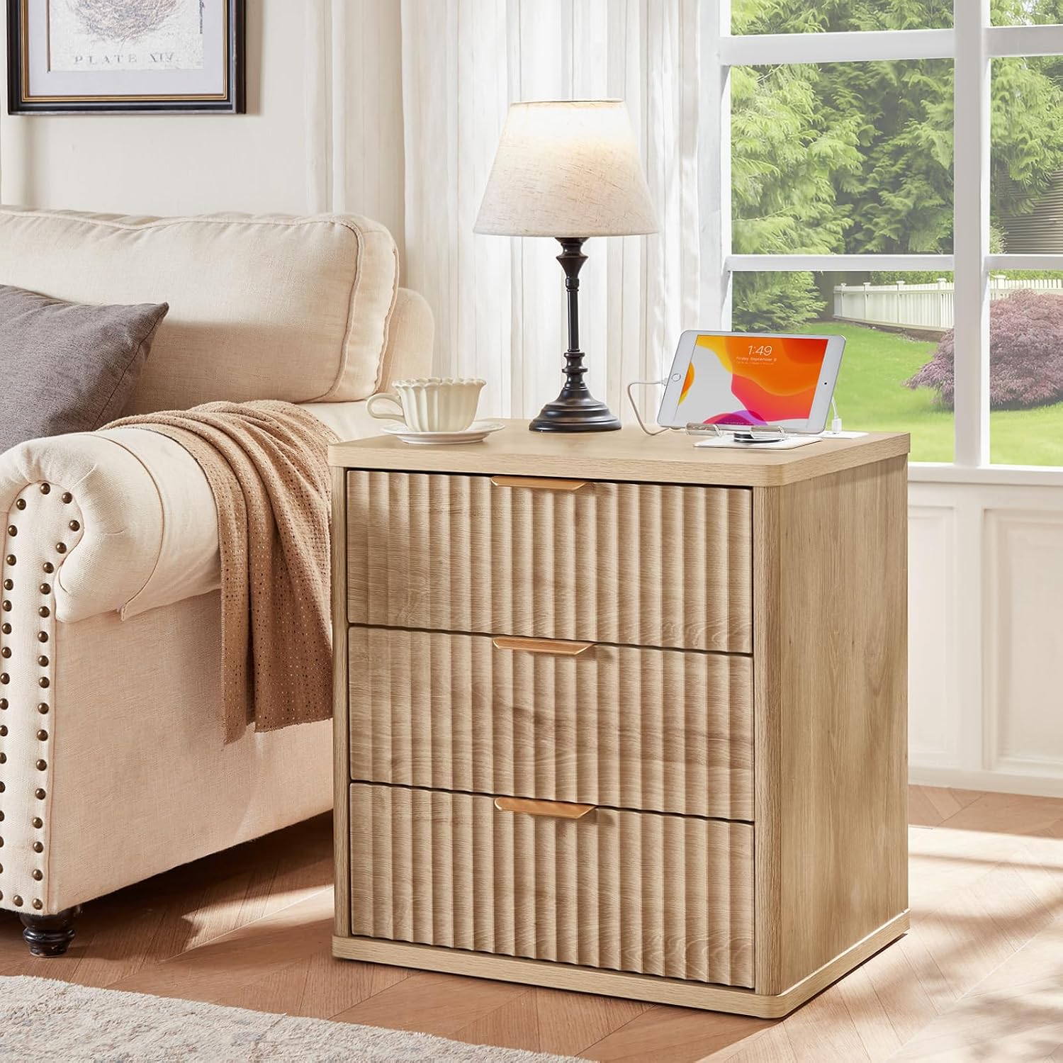 LEYAOYAO 23' Wide Fluted Night Stand with Charging Station, 3 Drawers Large End Table with Storage, Natural Nightstand Wood Bedside Tables, Farmhouse Cabinet Dresser for Bedroom, Closet