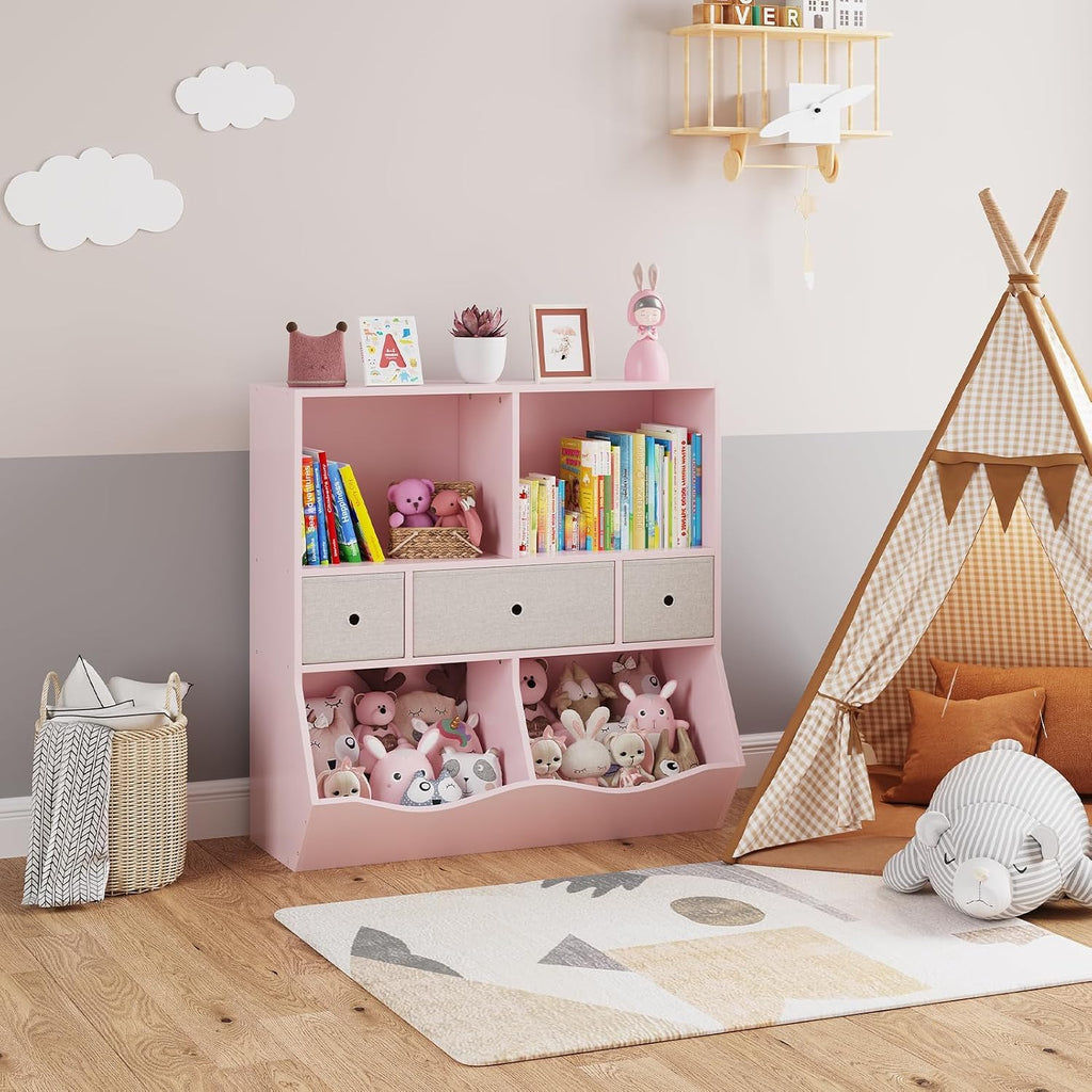 Kids Bookshelf with Toy Storage and Drawers, Multi-Shelf Bookcase with Cubby Organizer Cabinet for Boys & Girls, Storage Unit for Playroom, Bedroom, Hallway-Pink
