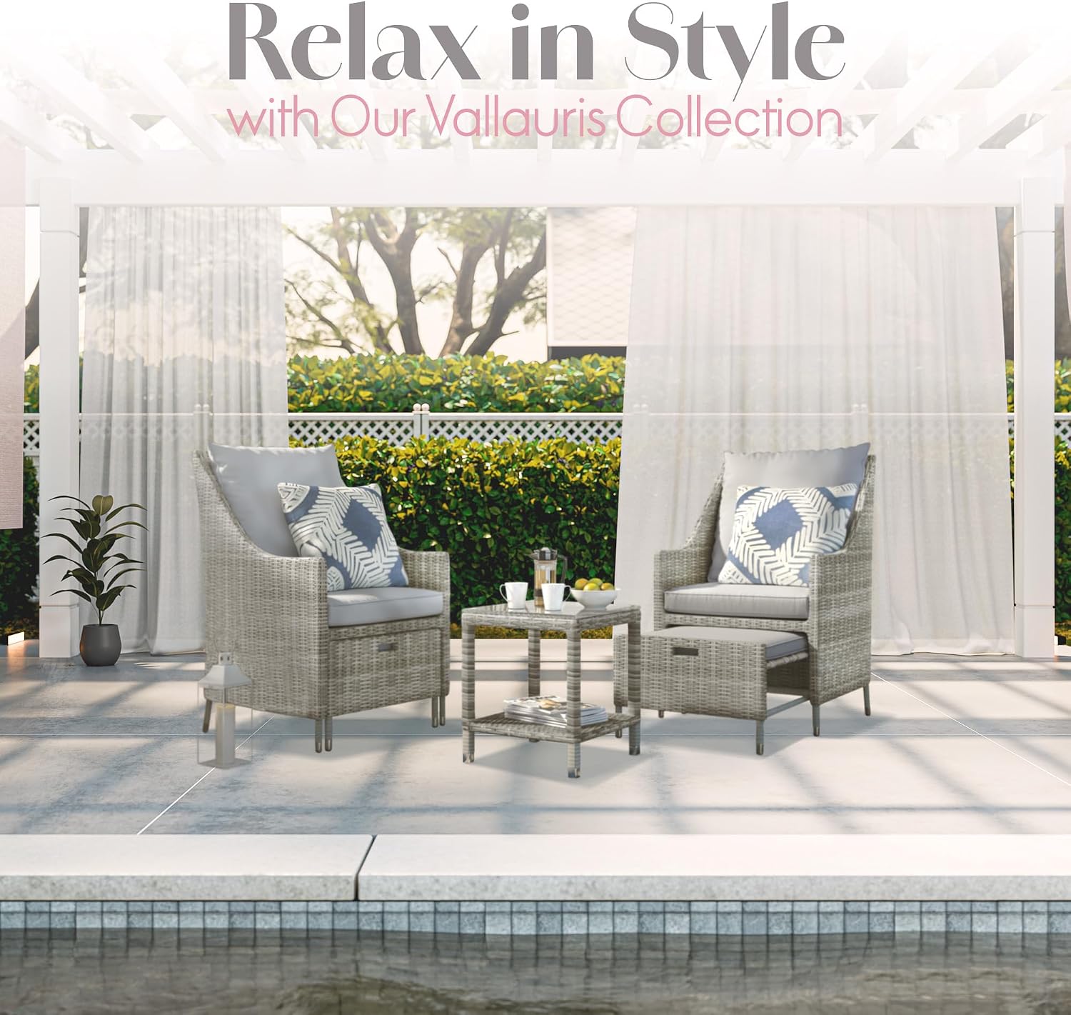 Elle Decor Vallauris Patio Outdoor Furniture Collection, Premium All Weather Wicker, 5 Piece Non-Reclining Set, Gray