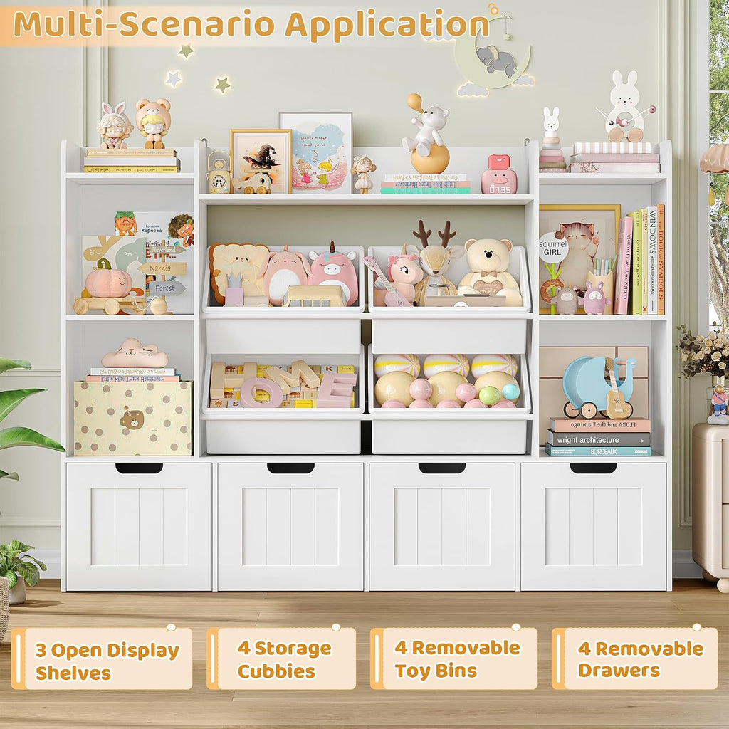 Toy Storage Organizer, Toy Organizer with 4 Movable Drawers and 4 Box Bins, Kids Playroom Storage Organization with Hidden Wheels for Living Room, Kids Room
