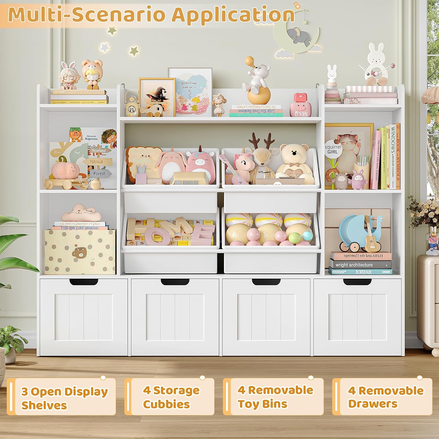 Toy Storage Organizer, Toy Organizer with 4 Movable Drawers and 4 Box Bins, Kids Playroom Storage Organization with Hidden Wheels for Living Room, Kids Room