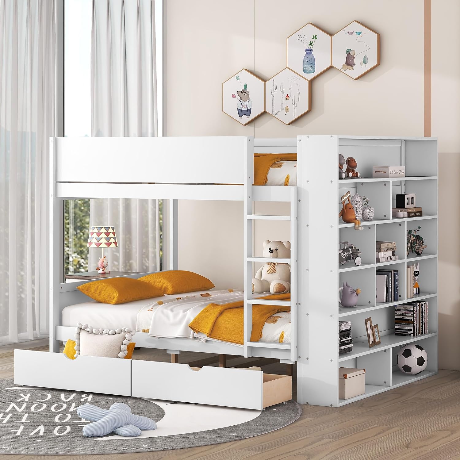 Full Over Full Bunk Bed with Bookcase, Wood Bunk Bed Frame with 2 Drawers and Multi-Layer Cabinet Storage Shelves, Bed with High Guardrails for Kids Teens (White, Full)