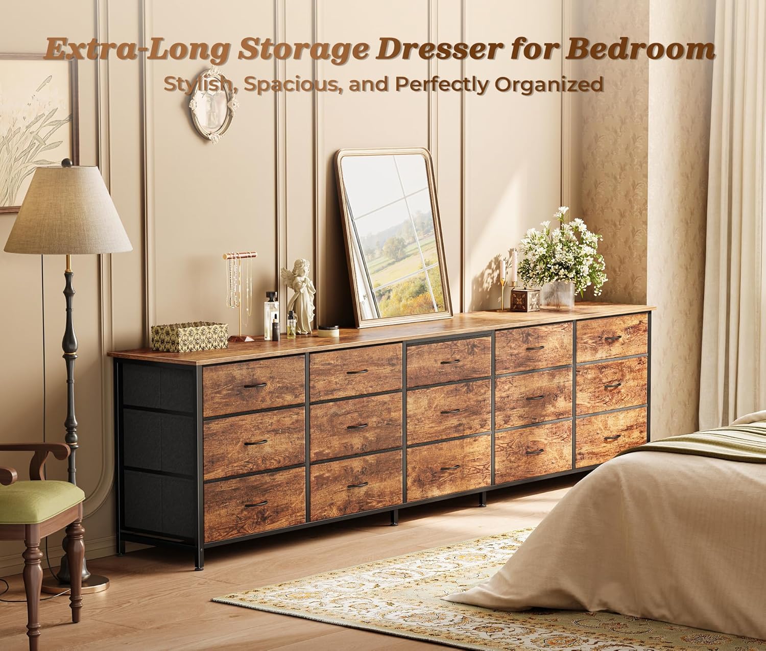 Huuger 78.7 inch Long Dresser for Bedroom, 15 Drawer Fabric Dresser for Closet, Large TV Stand for 65, 75, 85 inch TV, Wide Chest of Drawer with Storage, 78.7' W x 12.9' D x 26.7' H, Rustic Brown