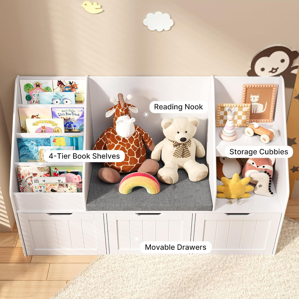 Gizoon Kids Toy Storage Organizer with Reading Nook, Kids Bookshelf with 3 Movable Drawers, Kids Reading Nook with Bench for Kidsroom Playroom and Bedroom, White, Painted