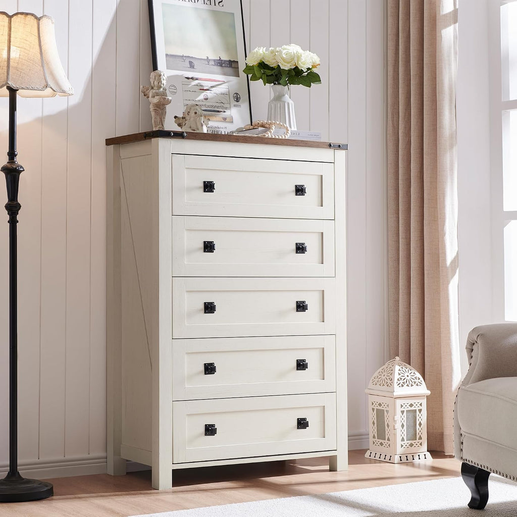 T4TREAM Farmhouse 5 Drawers Dresser Chests for Bedroom, Wood Rustic Tall Chest of Drawers, Dressers Organizer for Bedroom, Living Room, Hallway, Antique White