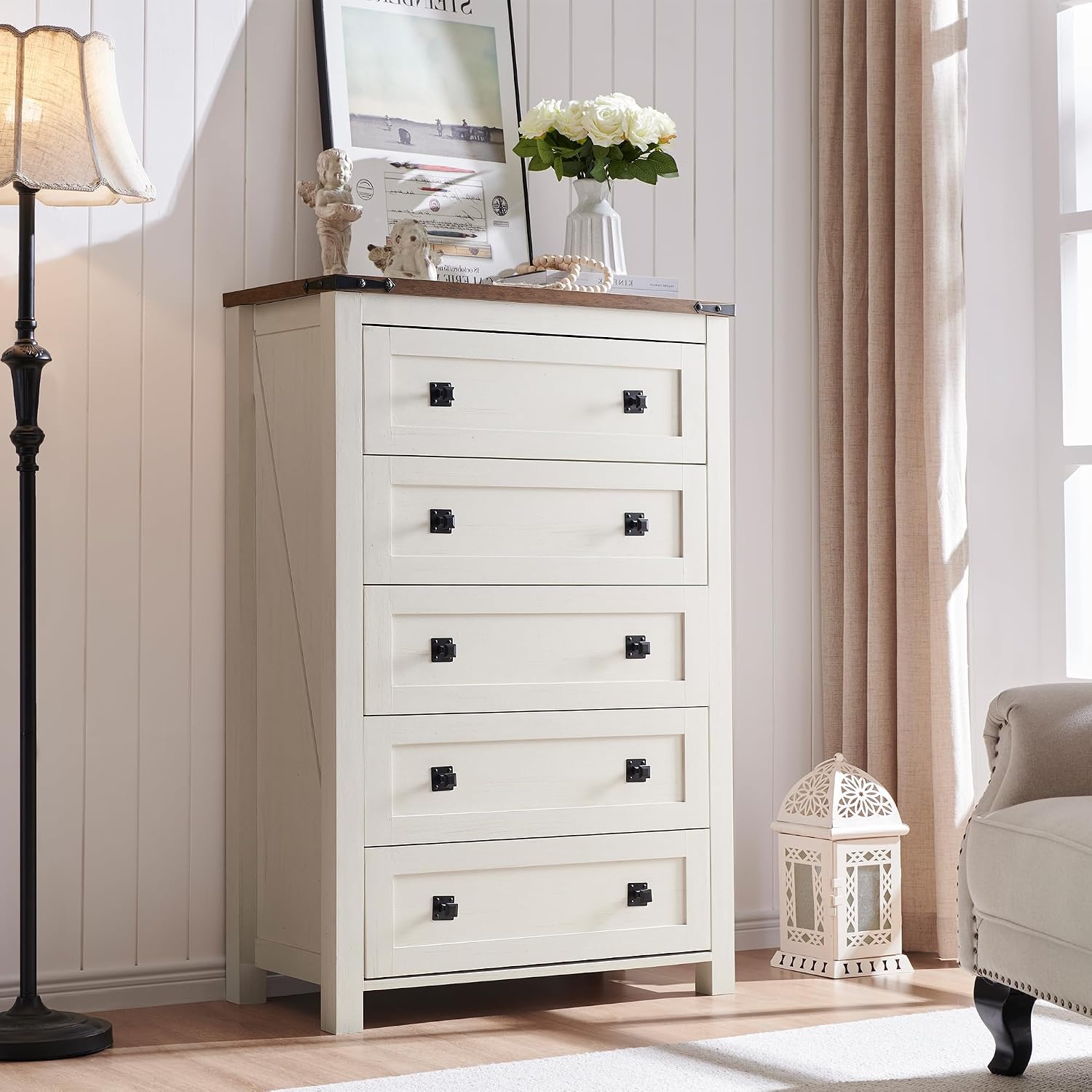 T4TREAM Farmhouse 5 Drawers Dresser Chests for Bedroom, Wood Rustic Tall Chest of Drawers, Dressers Organizer for Bedroom, Living Room, Hallway, Antique White