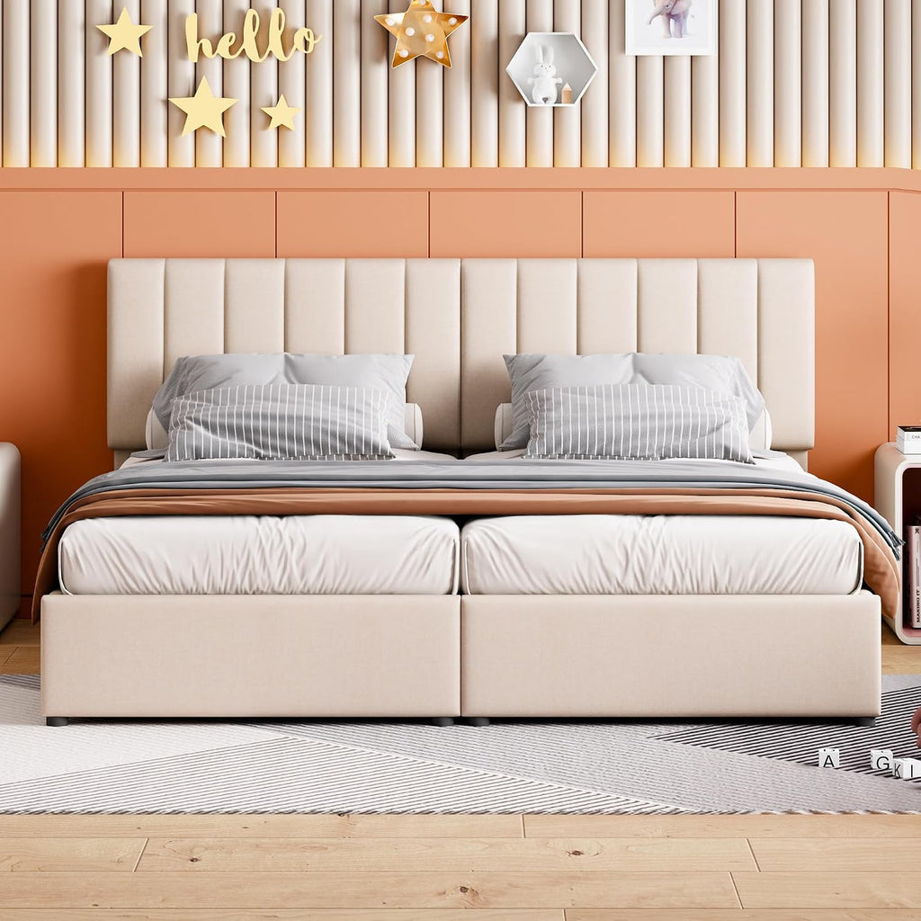 VilroCaz King Size Upholstered Platform Bed with Hydraulic Storage System, Upholstered Linen Platform Bed with Height-Adjustable Channel Tufted Headboard, Sturdy Slats Support (Beige-12.11)