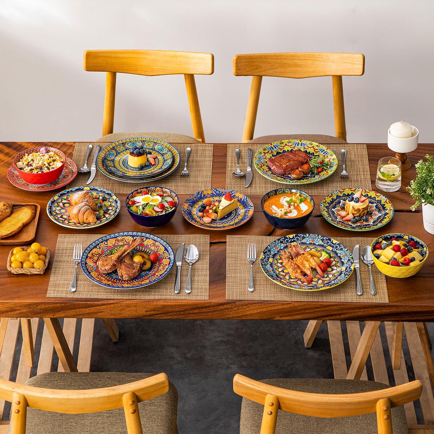 vancasso 18 Pieces Plates and Bowls Set, Bohemian Style Dinnerware Sets Service for 6, Porcelain Boho Dishes Set for Kitchen, Housewaring Gift, Dishwasher and Microwave Safe, Series KRVI