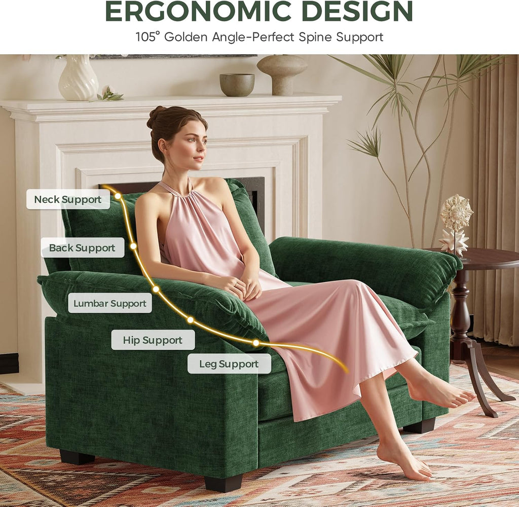 HUSFU 49.5'' W Oversized Accent Chair, Chenille Cloud Sofa Chair with Deep Seat and Extra Wide Armrests, Comfy Reading Armchair for Bedroom, Living Room, Set of 2, Green