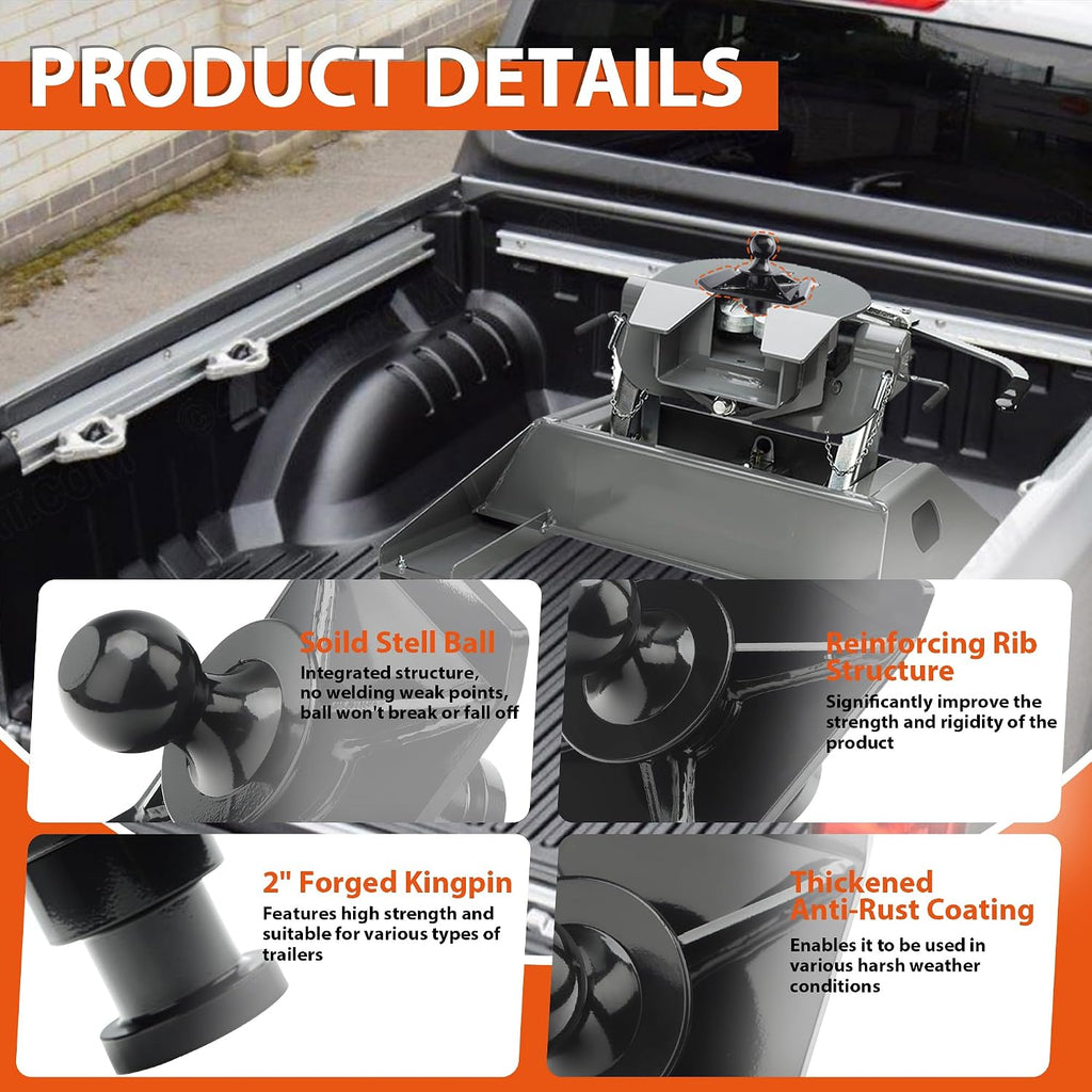 30K Lbs 5th Wheel to Gooseneck Ball Adapter | 2' Kingpin, Fits Pickup 5th Wheel Hitches | Replaces #2085295, 4PCS Anti-tilt PU Washer and 1PCS Lube Plate Included