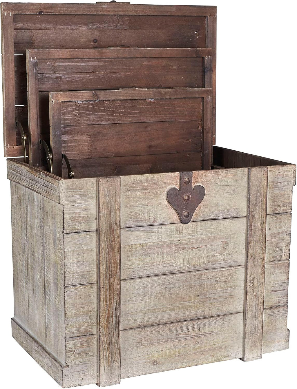 Household Essentials Antiqued Decorative Trunk, 3 Piece Set, Small, Medium and Large, Chinese Fir Panel and MDF, Smooth Backing and Metal Hinge Accent, Flat Top and Stay-Open Lid