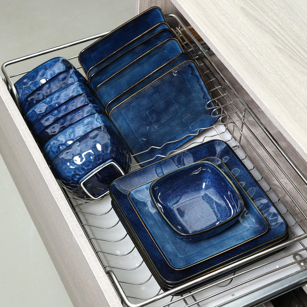 Vicrays Ceramic 24 Pieces Square Dinnerware Set - Dinner Plates Salad Plates Cereal Bowls Set Service for 8 - Scratch Resistant Microwave Oven Dishwasher Safe - Blue