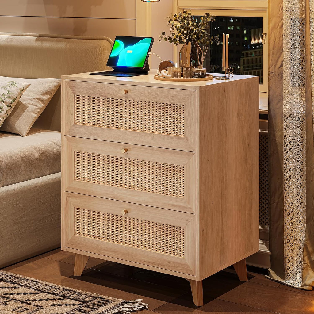 AOGLLATI Rattan Night Stand Set of 2, Boho Nightstand with Charging Station and 3 Drawers, 2 USB Ports and 2 AC Outlets, Rattan Bedside End Table with Solid Wood Legs for Bedroom