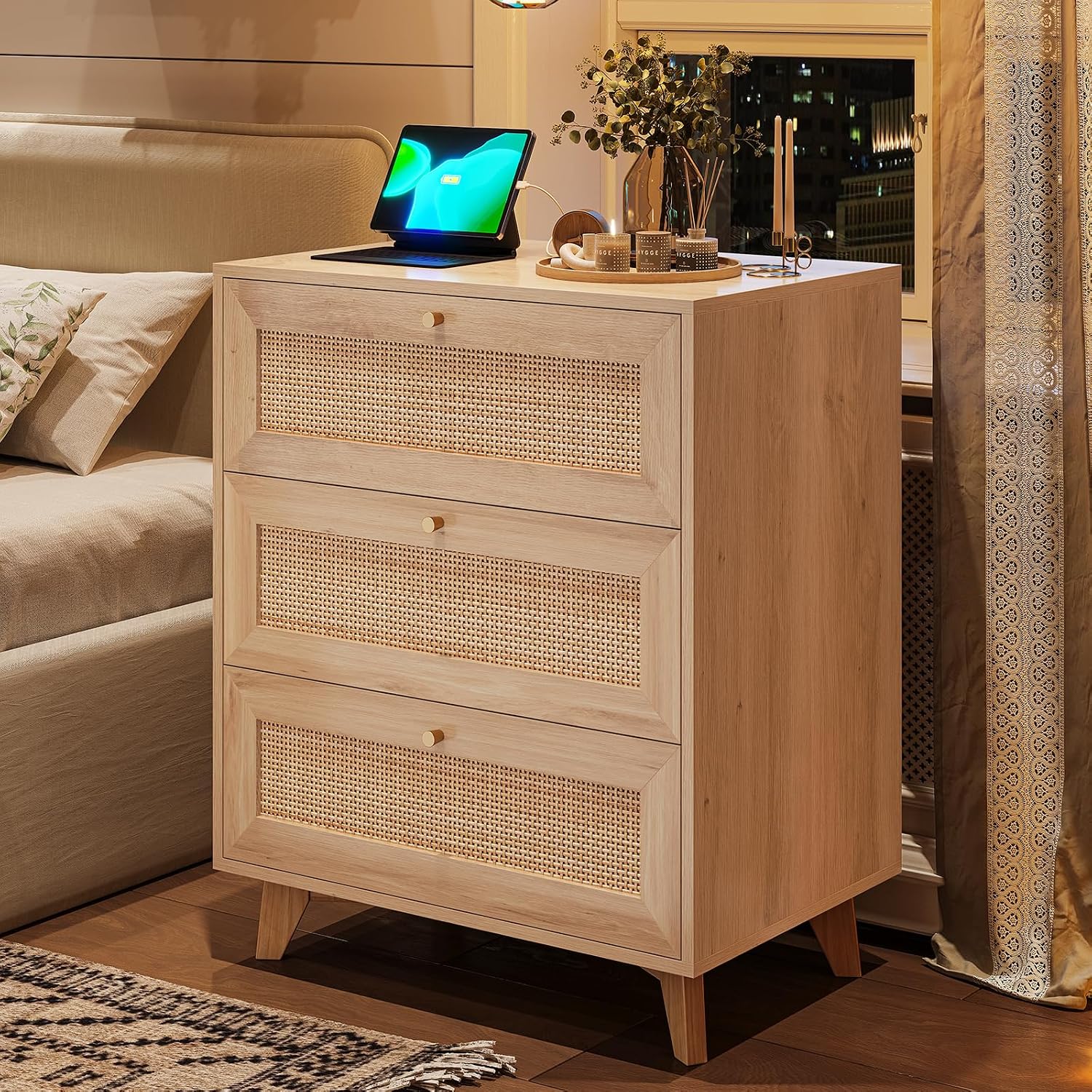 AOGLLATI Rattan Night Stand Set of 2, Boho Nightstand with Charging Station and 3 Drawers, 2 USB Ports and 2 AC Outlets, Rattan Bedside End Table with Solid Wood Legs for Bedroom