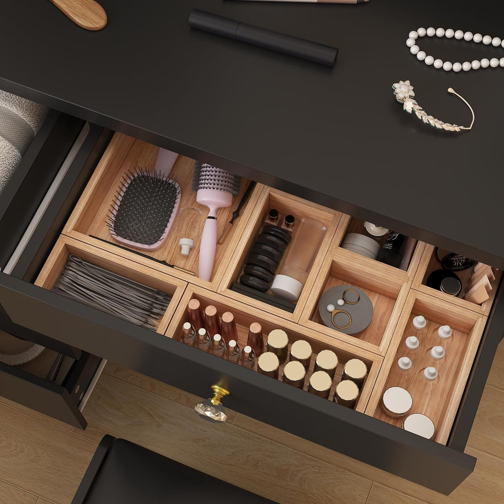 Vanity Desk Set with Lighted Mirror, Makeup Vanity with 5 Drawer & Shelf, Dressing Table with Touch Screen Light & Jewelry Organizer for Bedroom, Black (Lighted Mirror)