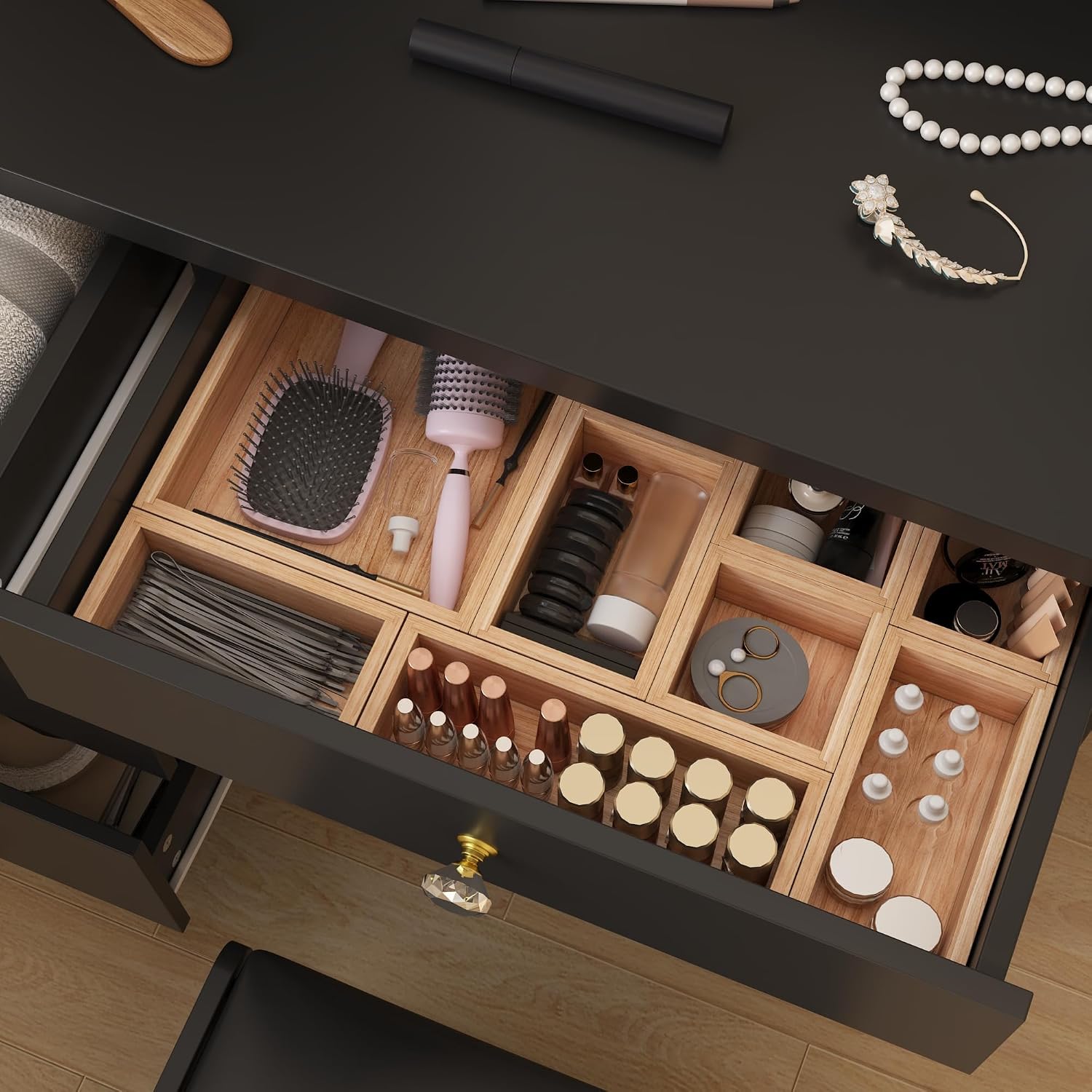 Vanity Desk Set with Lighted Mirror, Makeup Vanity with 5 Drawer & Shelf, Dressing Table with Touch Screen Light & Jewelry Organizer for Bedroom, Black (Lighted Mirror)