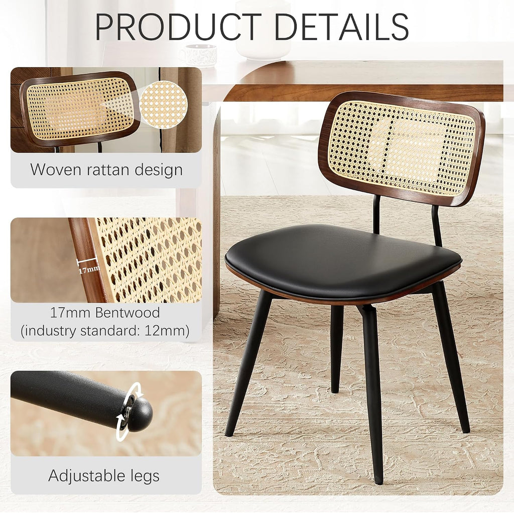 Dining Chairs, Swivel Dining Chairs Set of 4, Faux Leather & Rattan Walnut Dining Room Chairs, Bentwood & Metal Frame Upholstered Chairs with 360°Rotation, Modern Kitchen/Living Room Chair (Black)