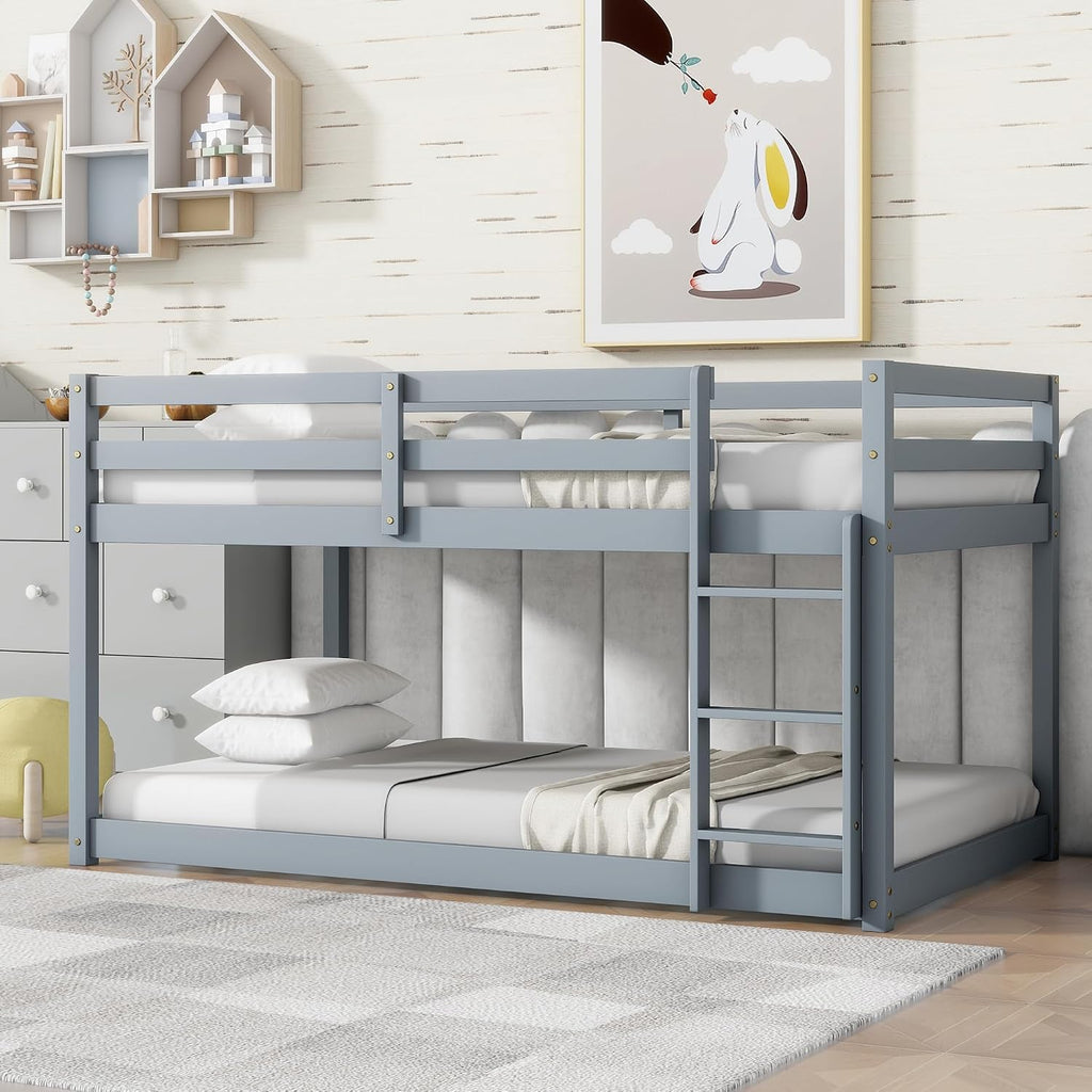 Ball & Cast Solid Rubber Wooden Twin Over Twin Bunk Bed with Ladder and Full Length Guardrail,Low Bunkbed w/Slat Support,Bedroom Furniture for Girls Boys,Grey