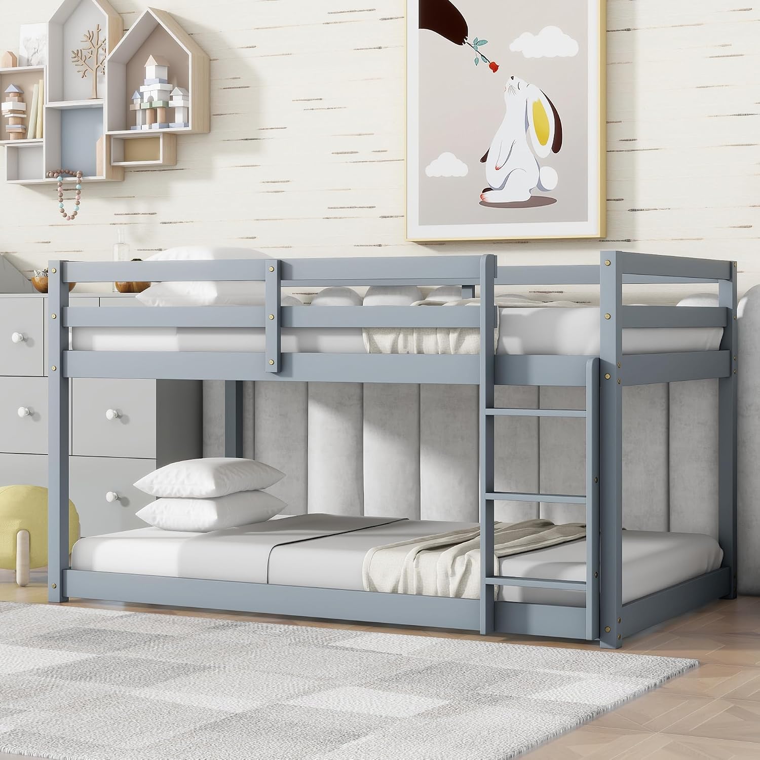 Ball & Cast Solid Rubber Wooden Twin Over Twin Bunk Bed with Ladder and Full Length Guardrail,Low Bunkbed w/Slat Support,Bedroom Furniture for Girls Boys,Grey
