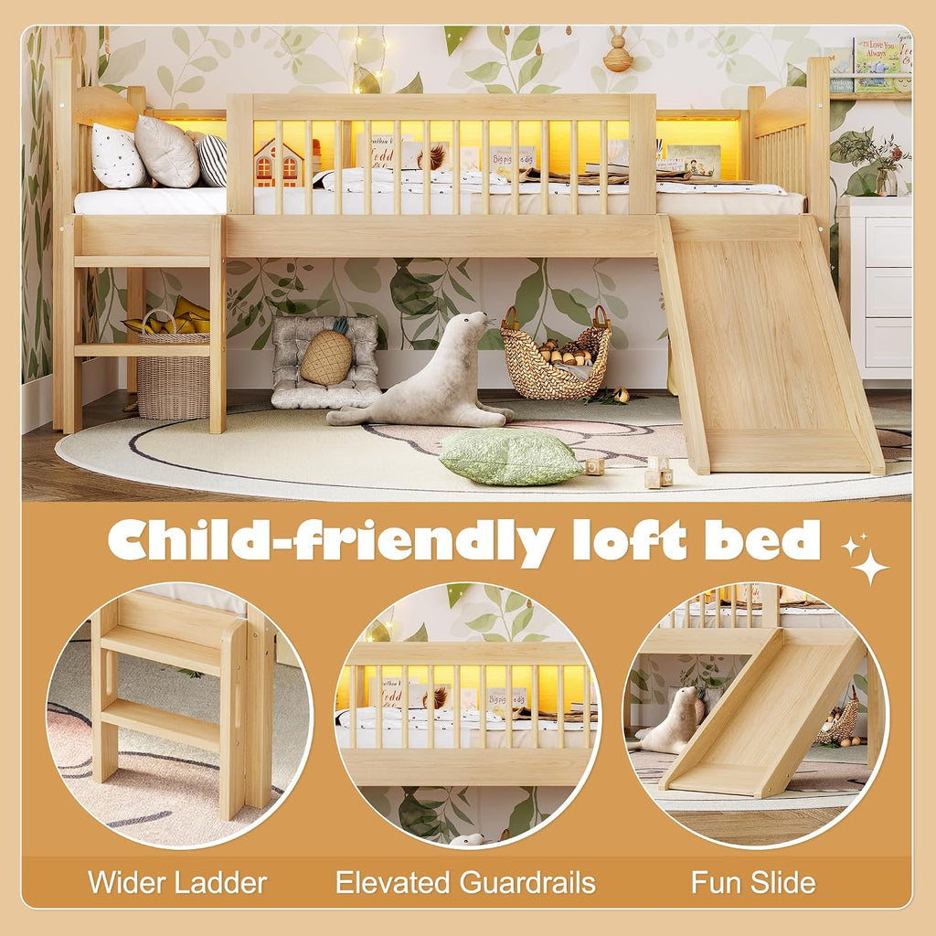 JIVOIT Twin XL Loft Bed with Storage Shelves, Solid Wood Lower Loft Bed with Full-Length Guardrails, Wood Slats Support, Space-Saving Design, No Box Spring Needed (Natural,Twin XL,51)