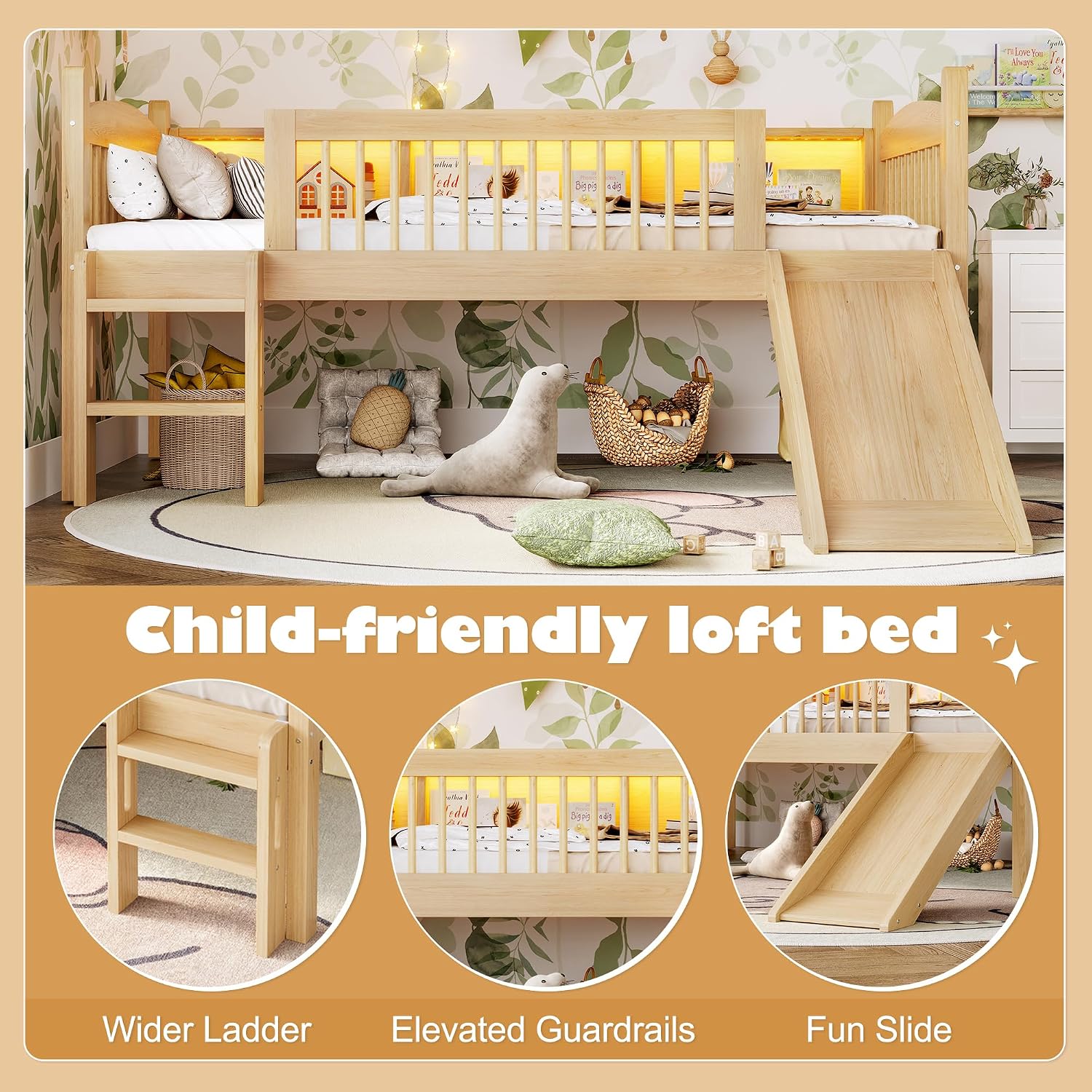 JIVOIT Twin XL Loft Bed with Storage Shelves, Solid Wood Lower Loft Bed with Full-Length Guardrails, Wood Slats Support, Space-Saving Design, No Box Spring Needed (Natural,Twin XL,51)