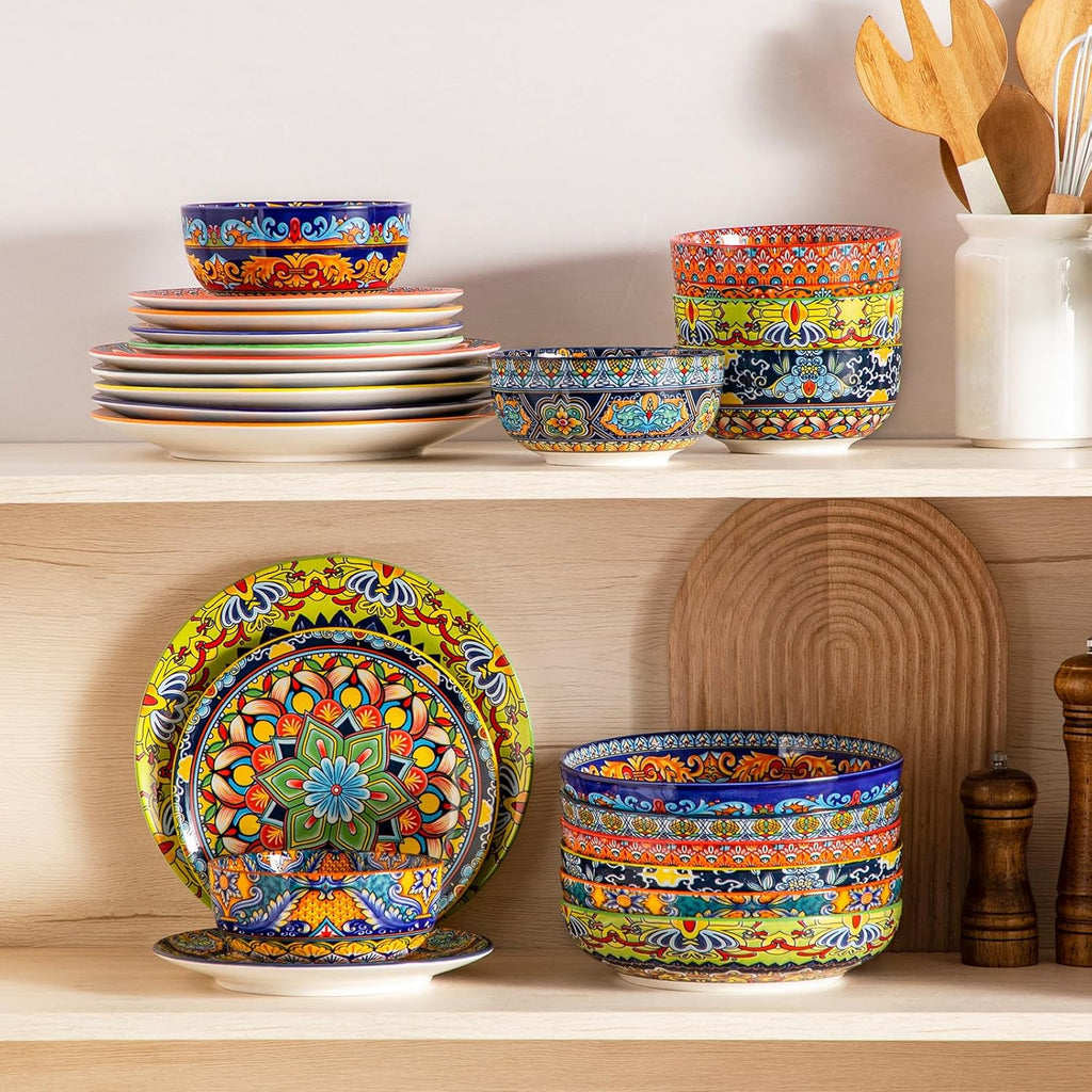 vancasso 24-Piece Dinnerware Sets,Plates & Bowls Sets Service for 6, Bohemian Porcelain Dishes Set for 6, Kitchen Dinner Set,Microwave & Dishwasher Safe, Scratch Resistant,Series KRVI