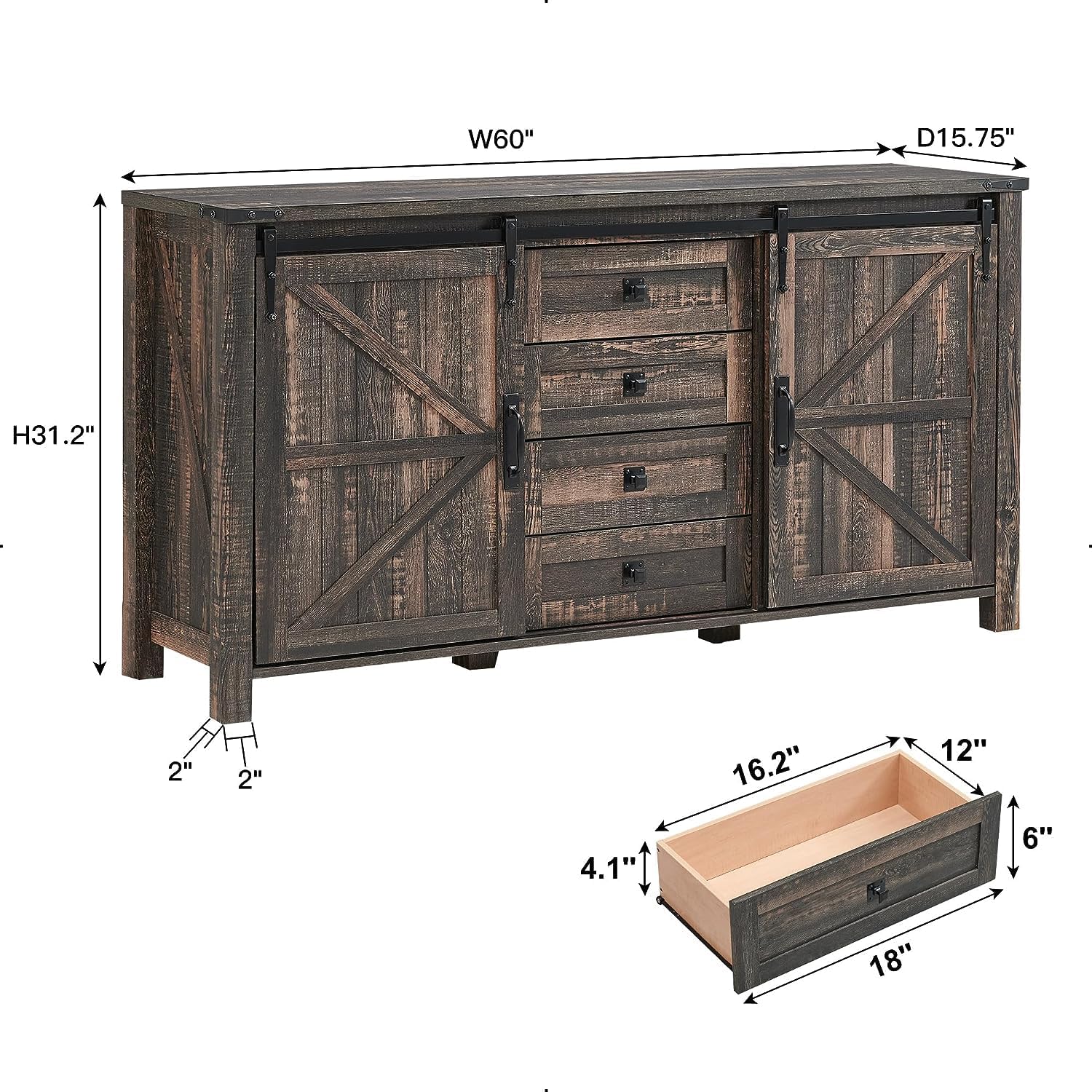 T4TREAM 60'' Farmhouse Dresser Chests for Bedroom w/4 Drawers & Sliding Barn Doors, Wide TV Stand, Tall Chest of Drawers, Rustic Dresser Organizer for Bedroom, Living Room, Dark Rustic Oak