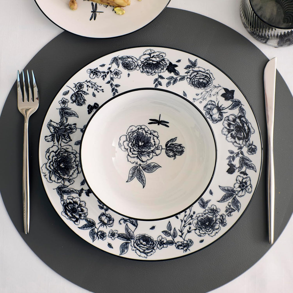 Stone Lain Esme 24-Piece Dinnerware Set Porcelain, Plates and Bowls Set, Dish Set for 8, Microwave and Dishwasher Safe, Black