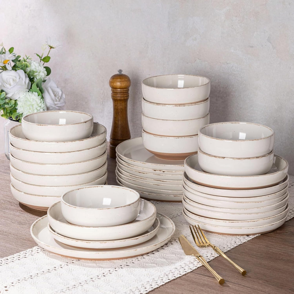 AmorArc 24 Pieces Ceramic Dinnerware Sets for 8, Handpainted Stoneware Plates and Bowls Set with Rustic Terracotta Underside, Scratch Resistant Dishes Set, Dishwasher & Microwave Safe